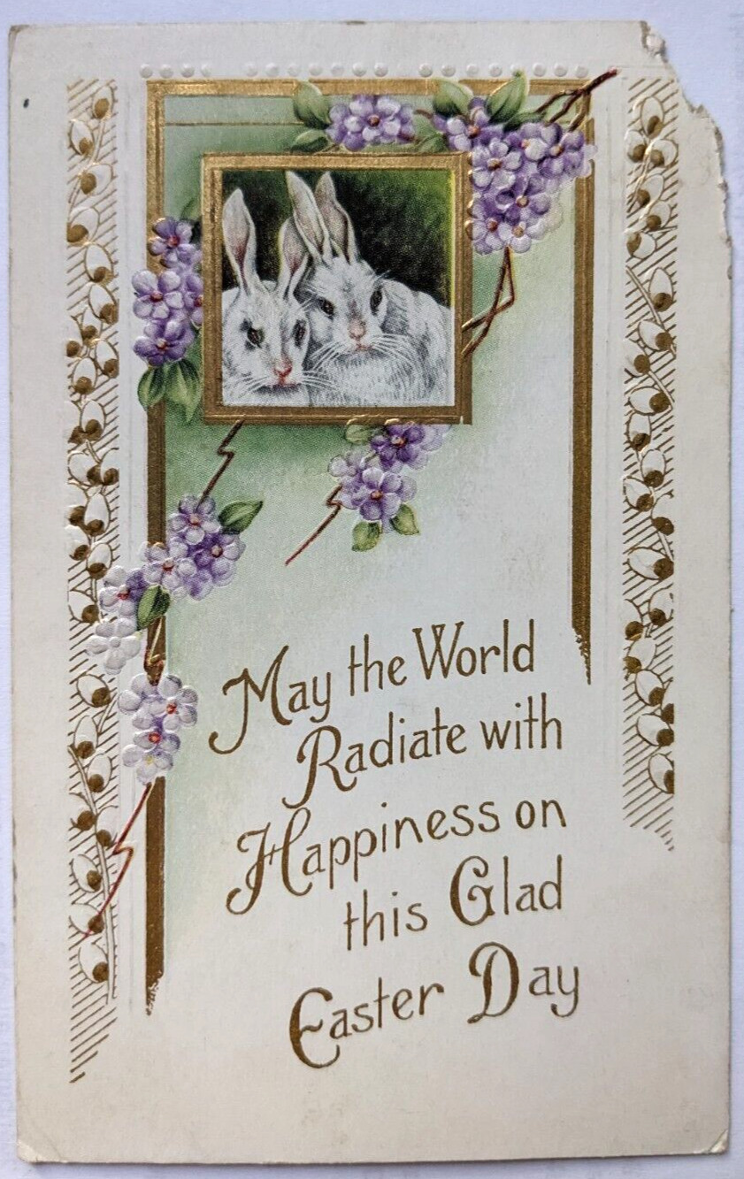 Vintage Antique Easter Postcard Rabbits Flowers Embossed Gold Gilt Corner Damage