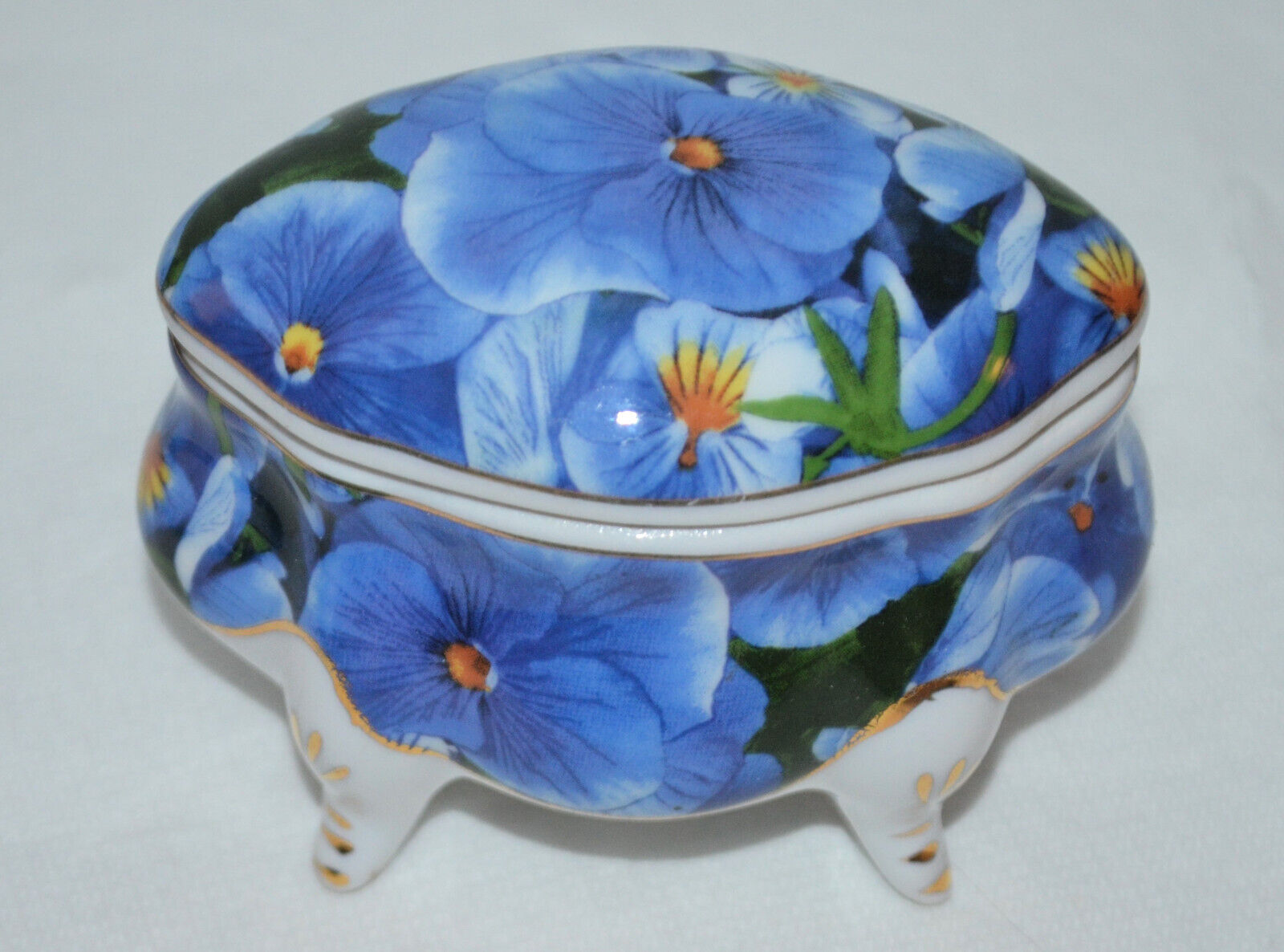 Vintage Porcelain Trinket Box Blue Flowers Gold Accent Lidded & Snail on Bottom