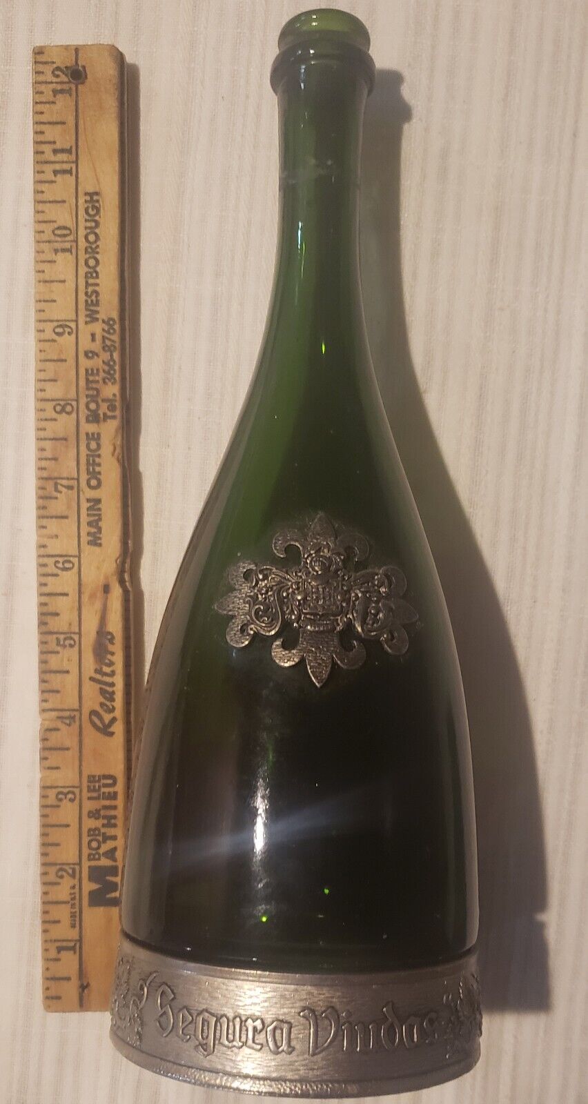 VTG Green Glass Segura Viudas Champagne Empty Bottle With Pewter Accent & Base