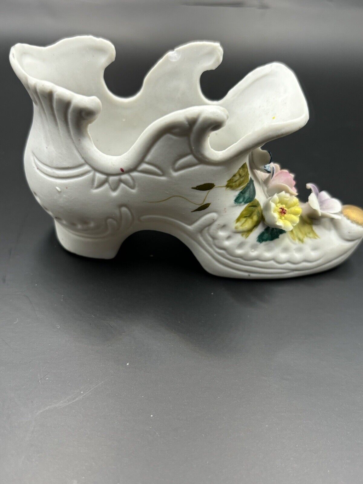Vintage Porcelain Bisque Victorian Shoe Figurine Hand Painted