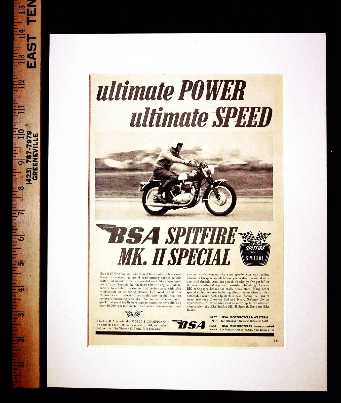 1966 BSA Spitfire Mk II Special Vintage Motorcycle Ad Matted & Frame-Ready