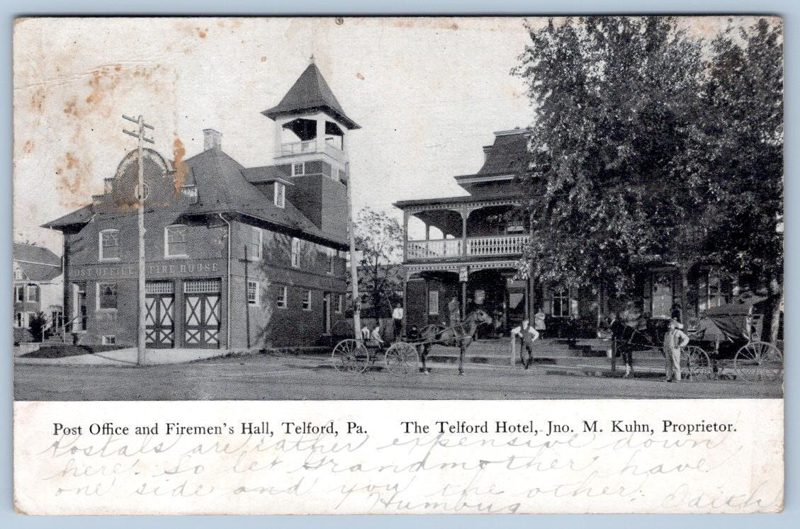 1911 TELFORD PA HOTEL POST OFFICE FIREMEN\'S HALL FIRE DEPARTMENT J KUHN POSTCARD