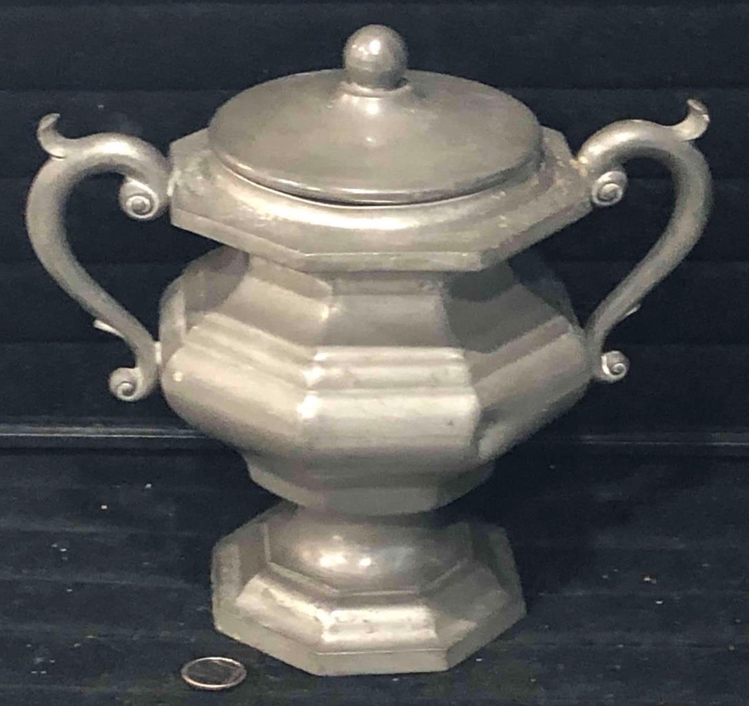 Antique American Pewter Covered Sugar Bowl, \