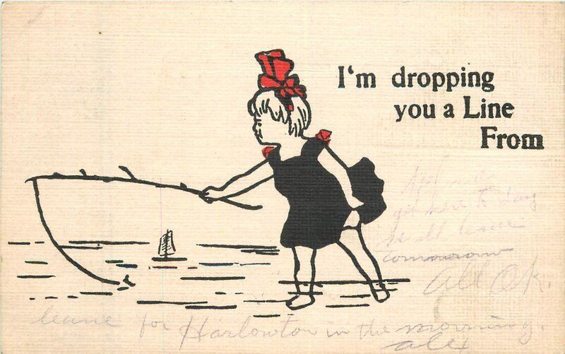 Arts Crafts 1907 Fishing girl Comic Humor artist impression Postcard 22-6371