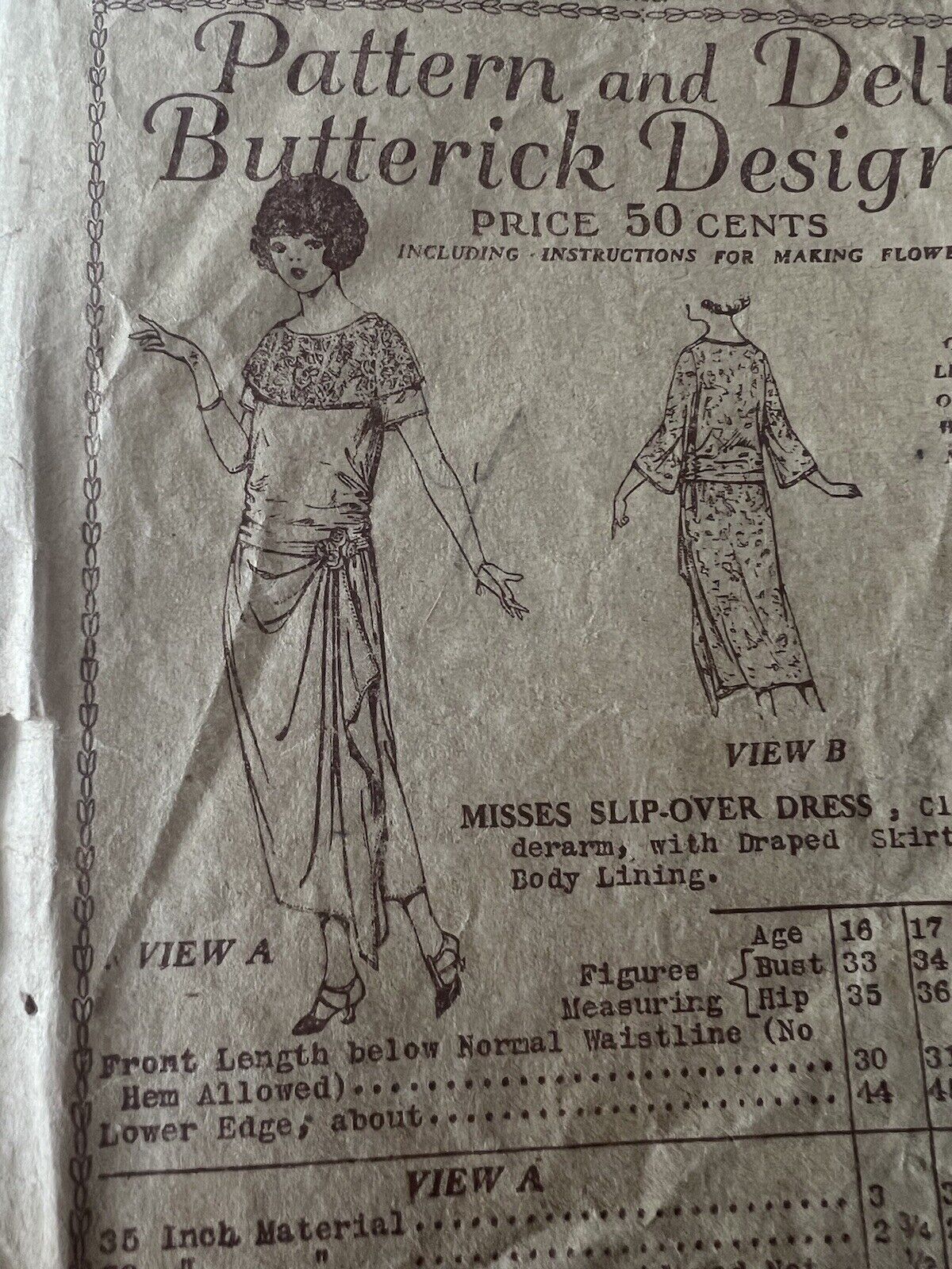 Antique Sewing Pattern 1920s Butterick Women’s Dress Age 18 Bust 35 Inch #4311