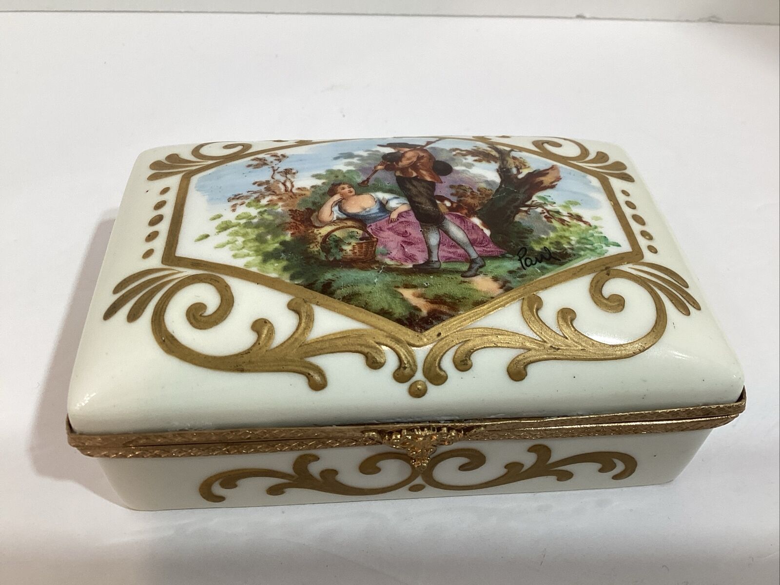 Vintage Antique Sevres Style Porcelain Trinket Box  w/ Romantic  Scenes France