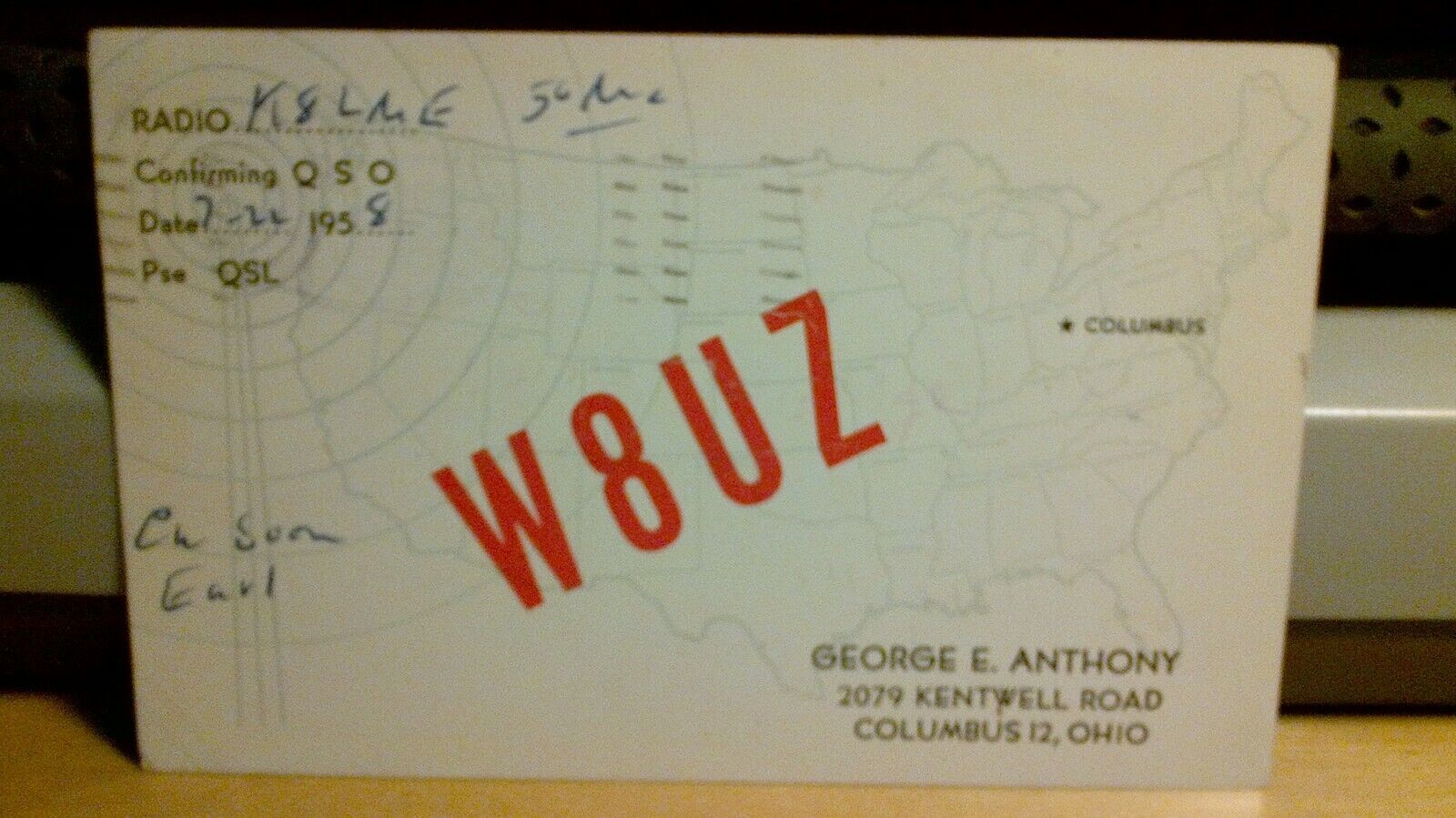 amateur ham radio QSL postcard W8UZ George E. Anthony 1958 Columbus Ohio