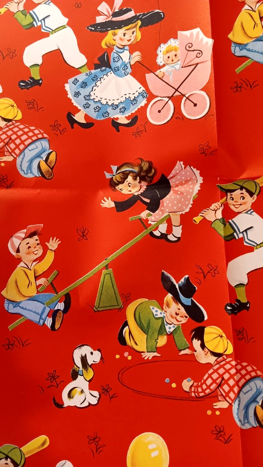 Vtg. 1950\'s Gift Wrapping Paper Sheets Children Playing Dress Up Puppy 18 x 25