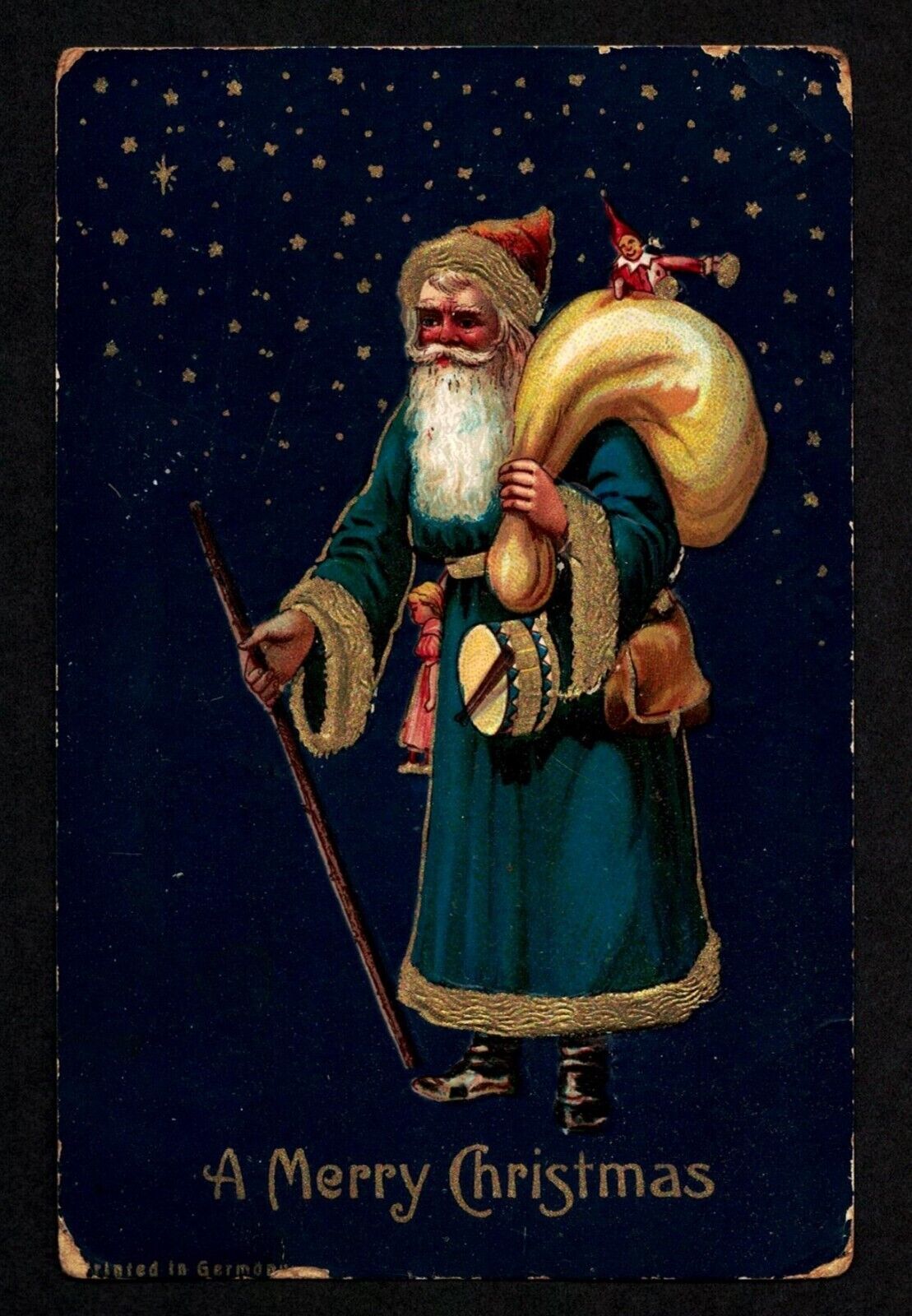 0602 Antique Vintage Christmas Postcard Santa Claus Teal Blue Robe BUFFALO 1907