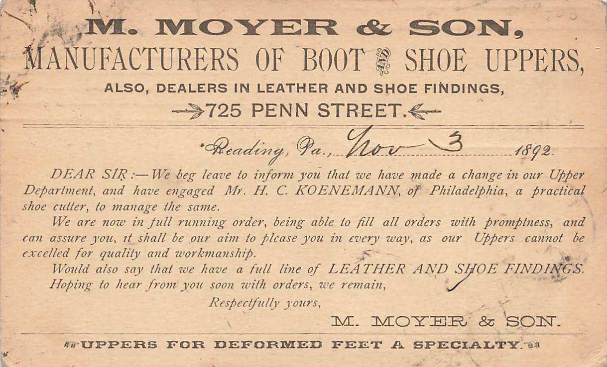 M Moyer Son Boot Shoe Uppers Manufacturers Advertising Postal Card 1892 VTG P145