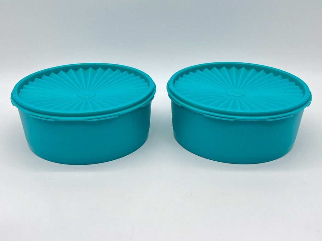 2 Unused Tupperware Teal Blue/Green Servalier Round Cookie Canisters 1204 & 1205