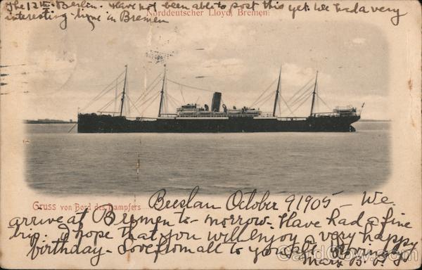 Germany 1905 Greetings from on board the steamer Postcard 10 stamp Vintage