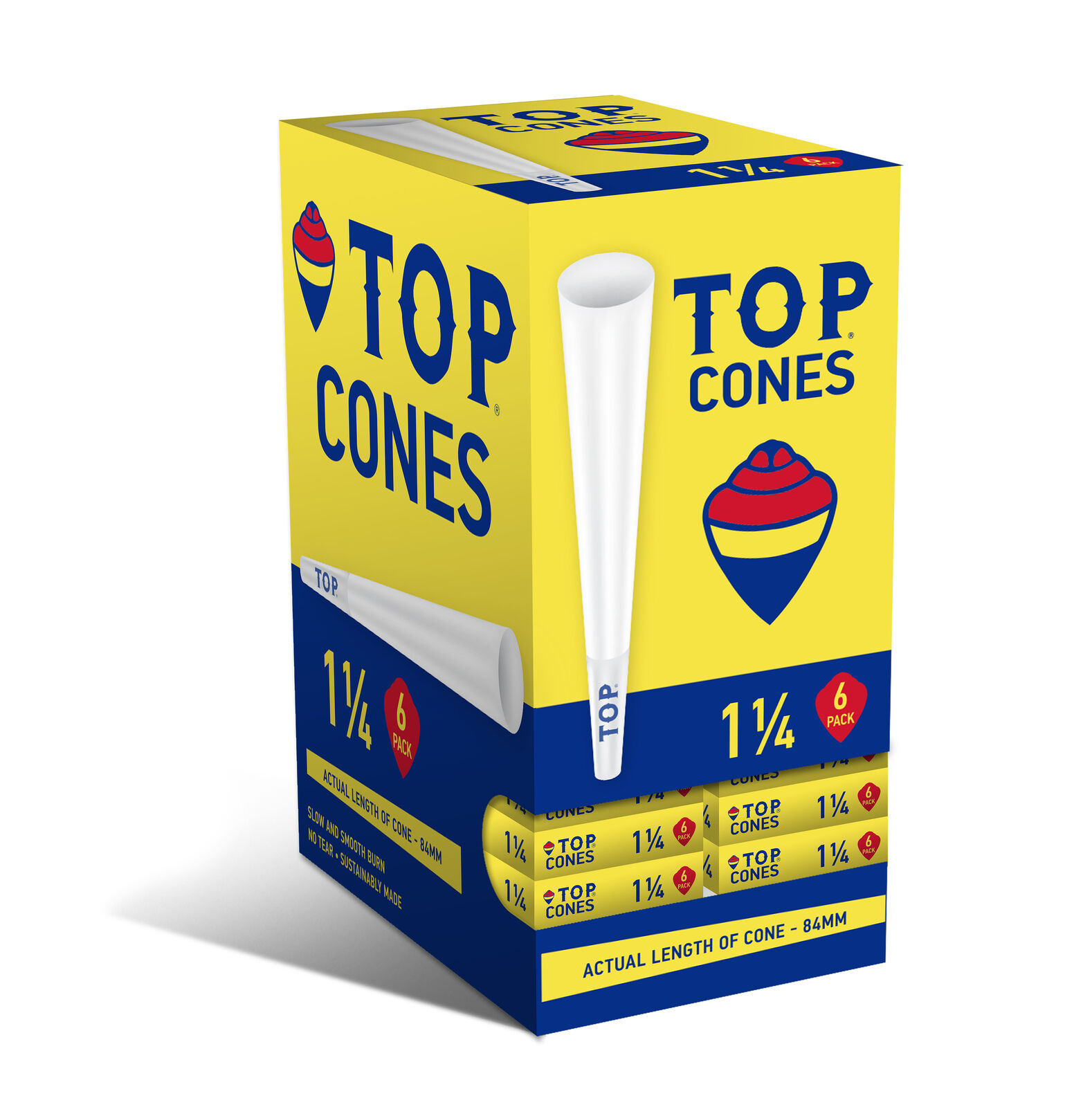FULL BOX NEW TOP Pre Rolled Paper Cones 1 1/4 84mm Size - 24 Packs of 6 Cones