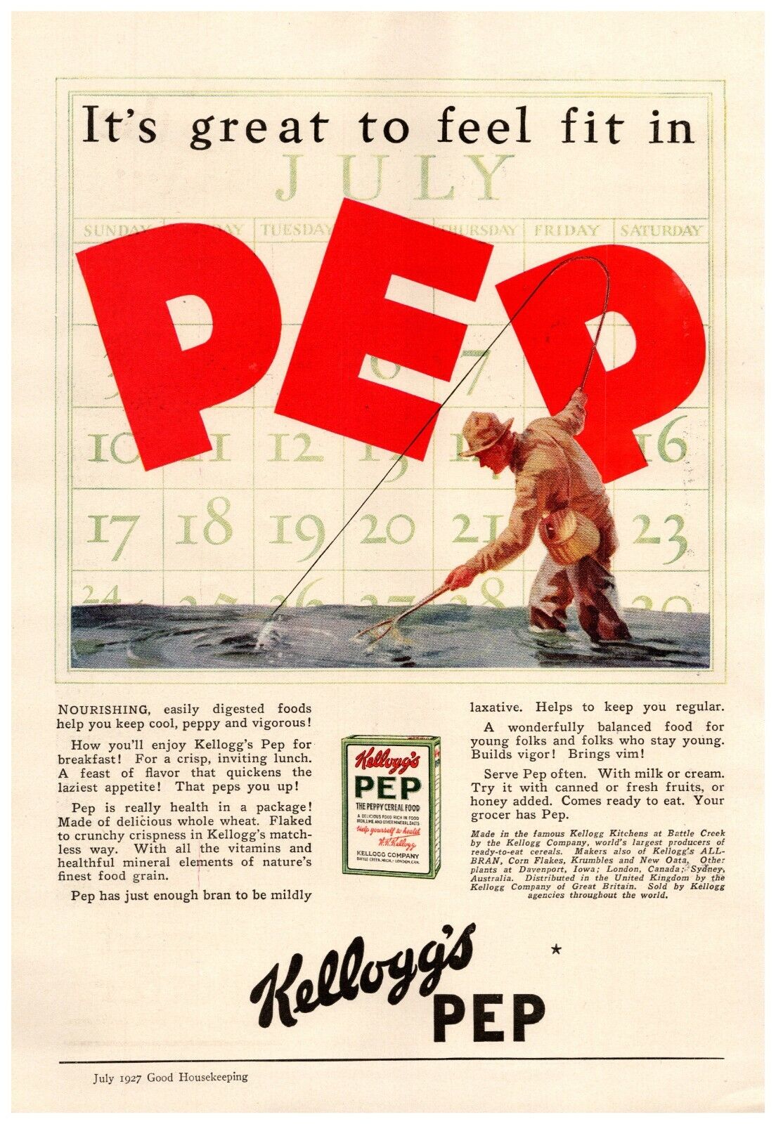 1927 Kellogg\'s Pep Cereal Vintage Print Ad Fisherman It\'s Great To Feel Fit 