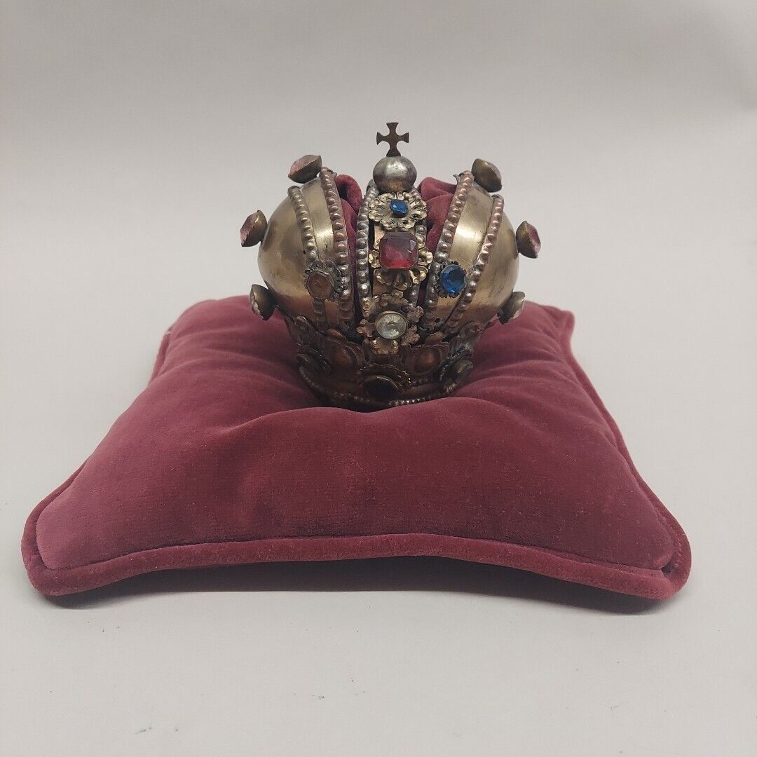 Vintage Jeweled Crown On Velvet Pillow. European