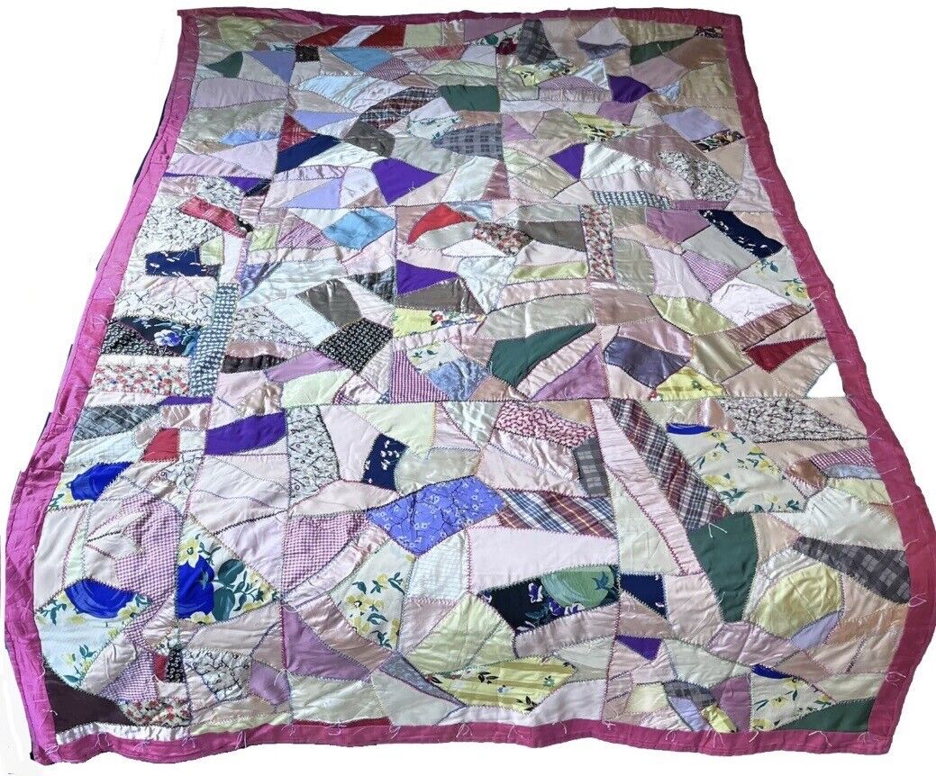 Vintage Crazy Quilt Hand Tied Quilted Embroidered Pink Silk Satin Patchwork
