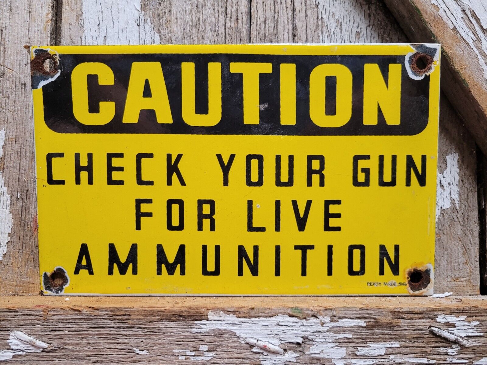 VINTAGE PORCELAIN SIGN OLD CAUTION CHECK YOUR GUN FOR LIVE AMMUNITION FIREARMS