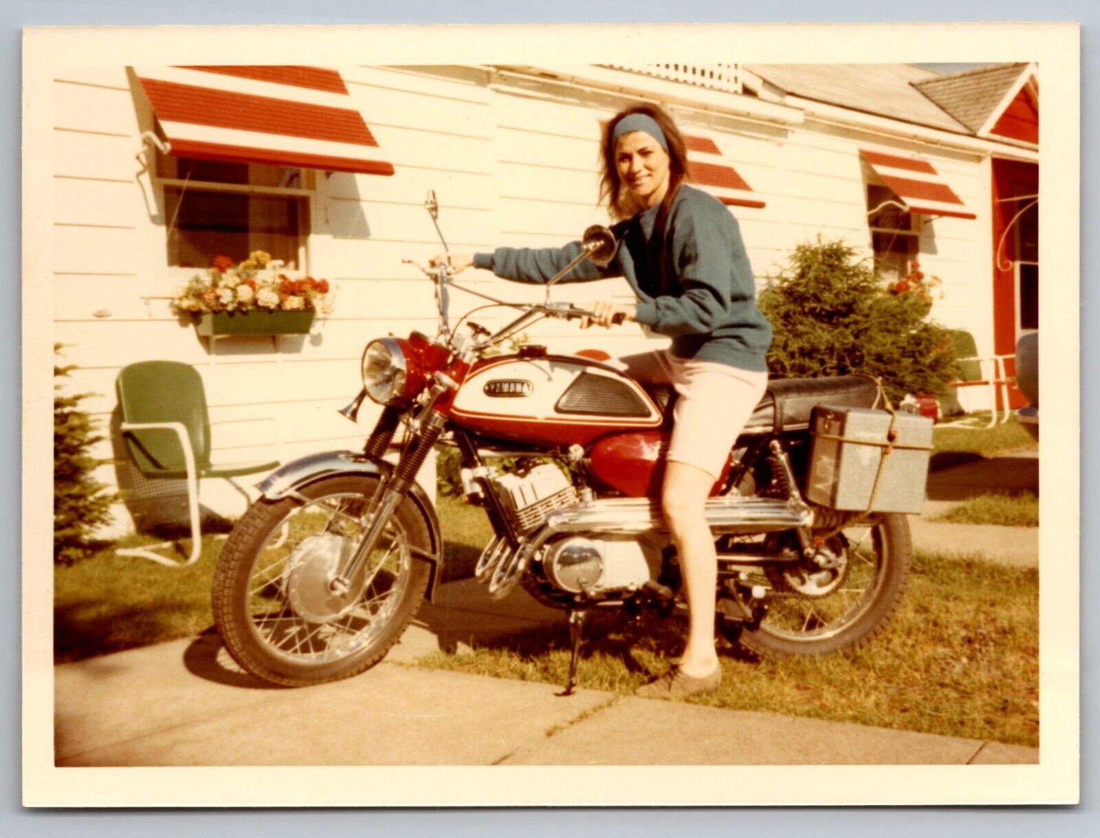 Girl on Motorcycle Vintage Snapshot Photo 1970 Yamaha Scrambler big smile