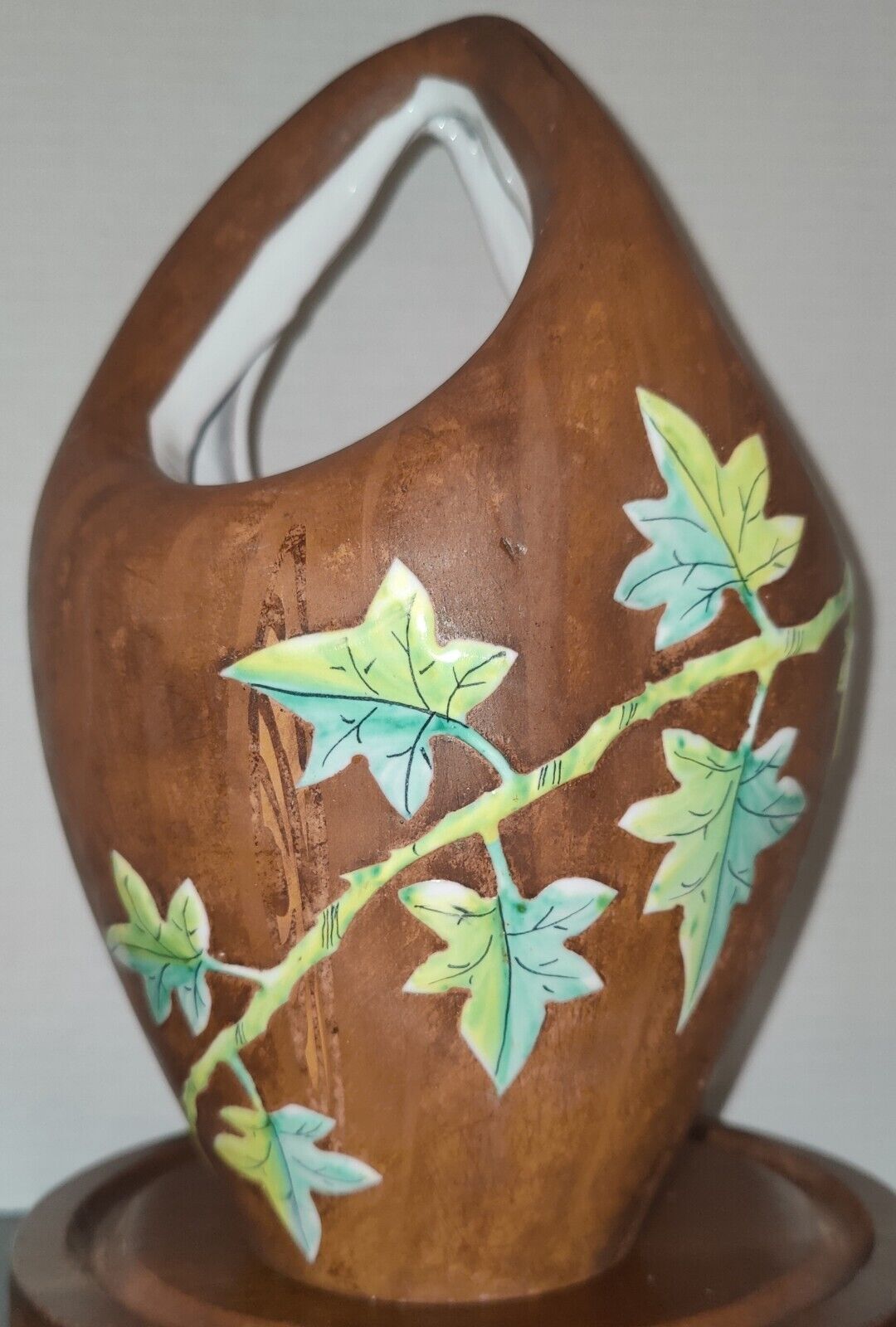 VTG Italian Pottery Vase Planter Wood Italy Ceramic Faux Bois Enamel Ivy Tree 