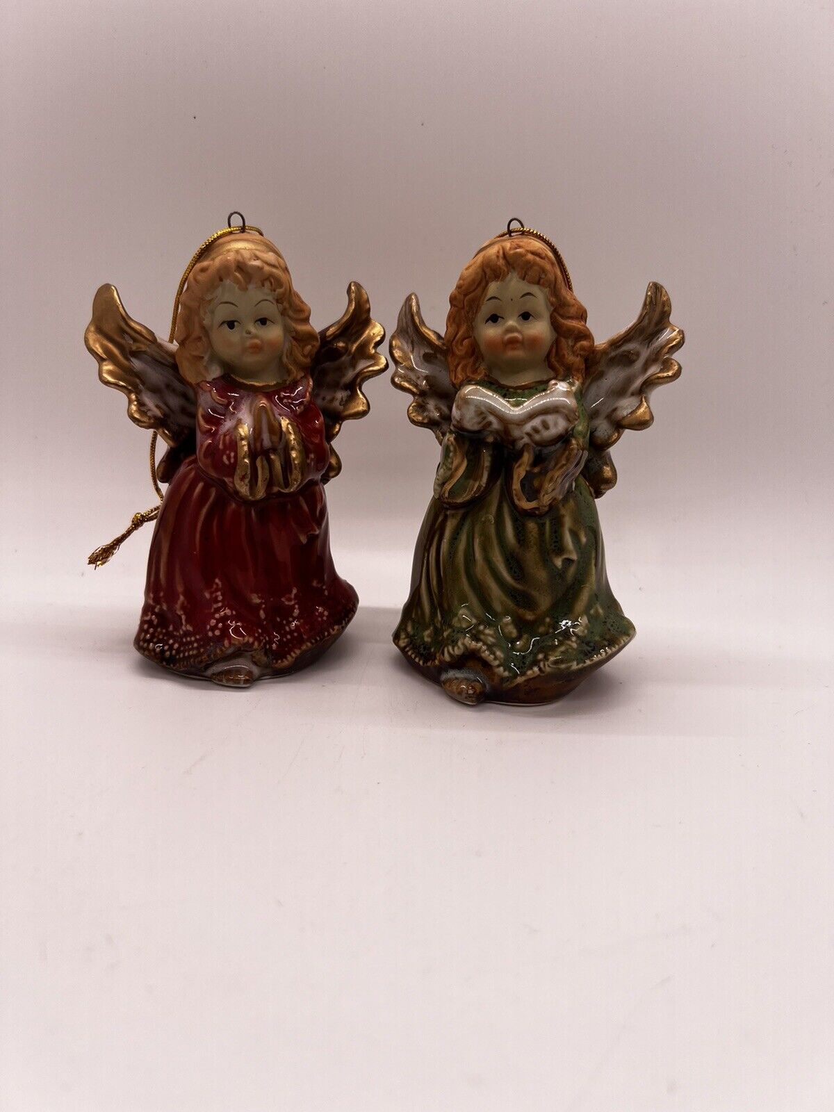 A Pair Of Christmas Angel Bell Figurines Ornaments Porcelain Glazed  4.25\