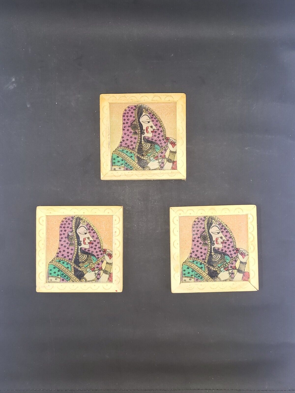  3 Small Colorful & Detailed Paintings of Middle Eastern Woman in Wood
