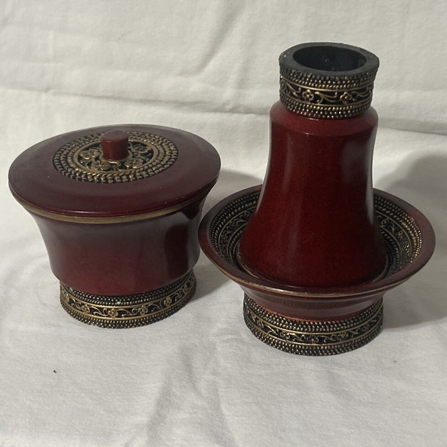 Vintage Dresser Jar, Cup, & Stand Set Of 3 Burgundy With Gold Gilded Accents