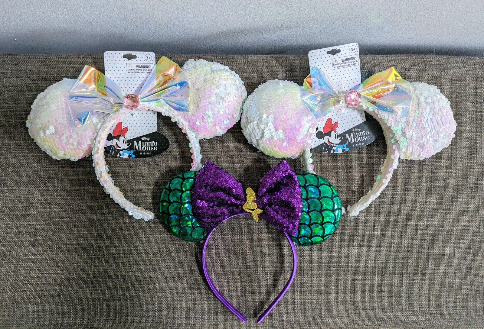 NEW Lot Of 3 Disney Minnie Mouse Ears White Sequins Little Mermaid Youth Size