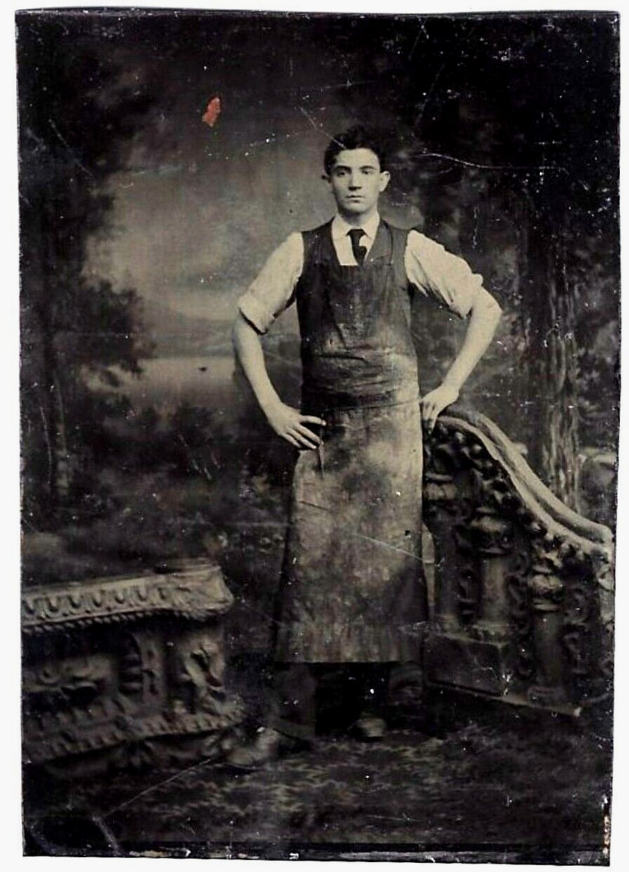 Antique Tintype~Young Working Man~Long Apron~Occupational~Full Studio Portrait