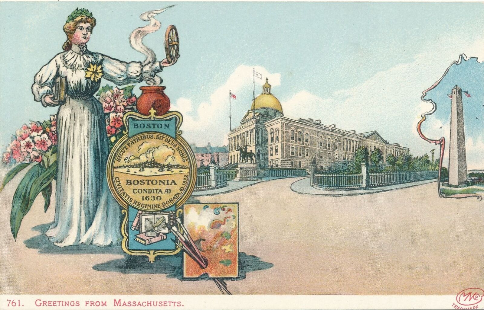 MASSACHUSETTS MA -State Woman and Seal Greetings From Massachusetts Postcard-udb