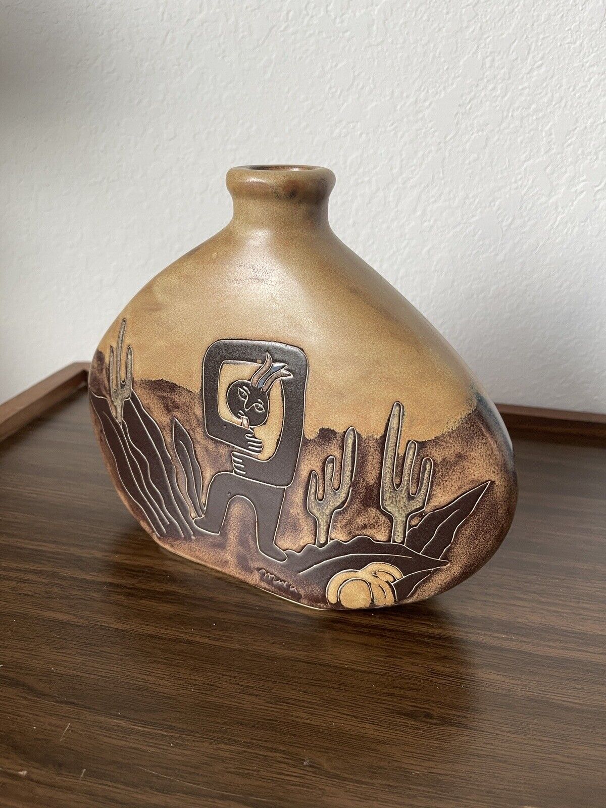 Vintage Mara Pottery Mexico Traditional Stoneware Kokopelli Bottle Vase
