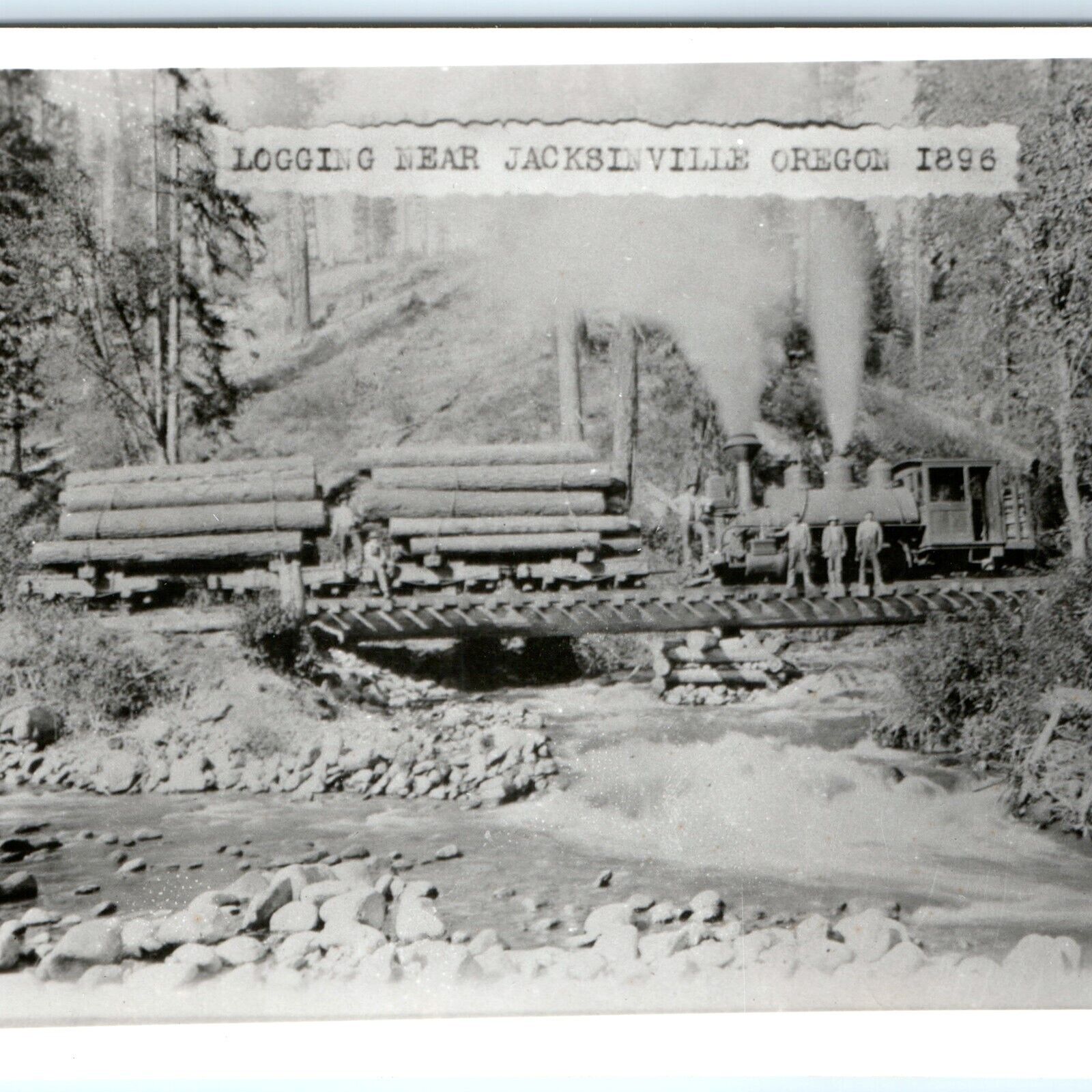 c1950s 1896 Repro Jacksonville, OR RPPC Logging Train Railway Photo Postcard A93