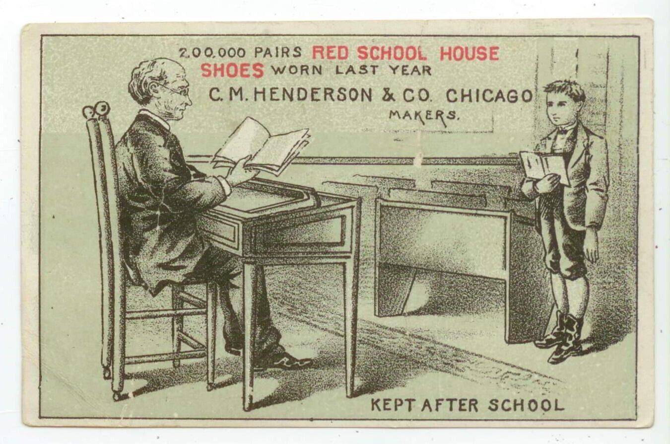 c1890 trade card Red School House Shoes V F Biddleman Thornburg Iowa