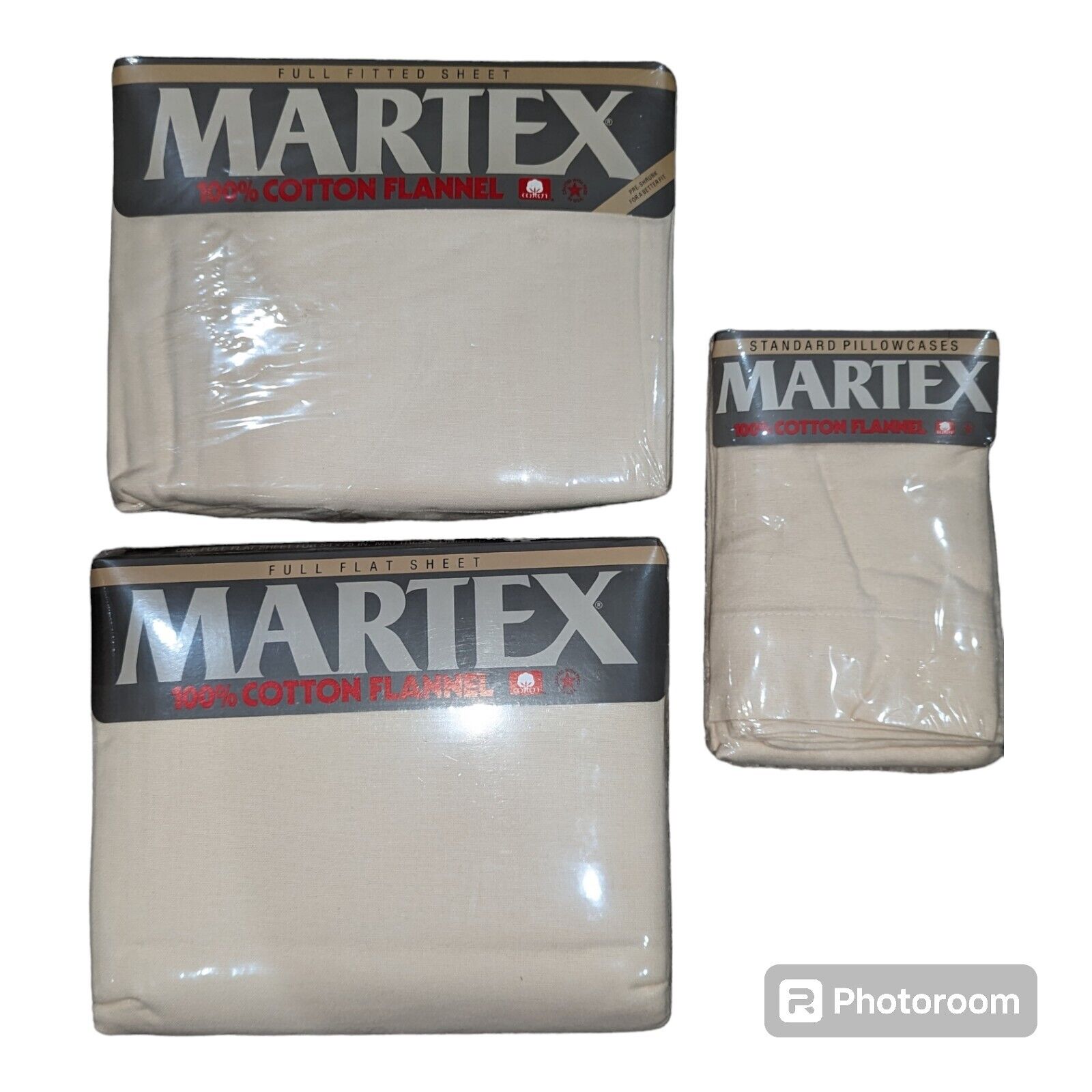 Vintage MARTEX Full Flat , Fitted Sheets & 2 Pillowcases BEIGE IVORY NOS Cotton 