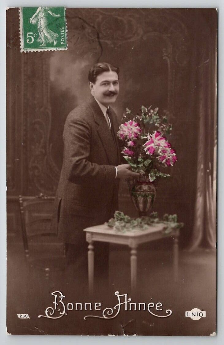 Handsome French Man Beautiful Vase Flowers RPPC Tinted Photo Postcard V23