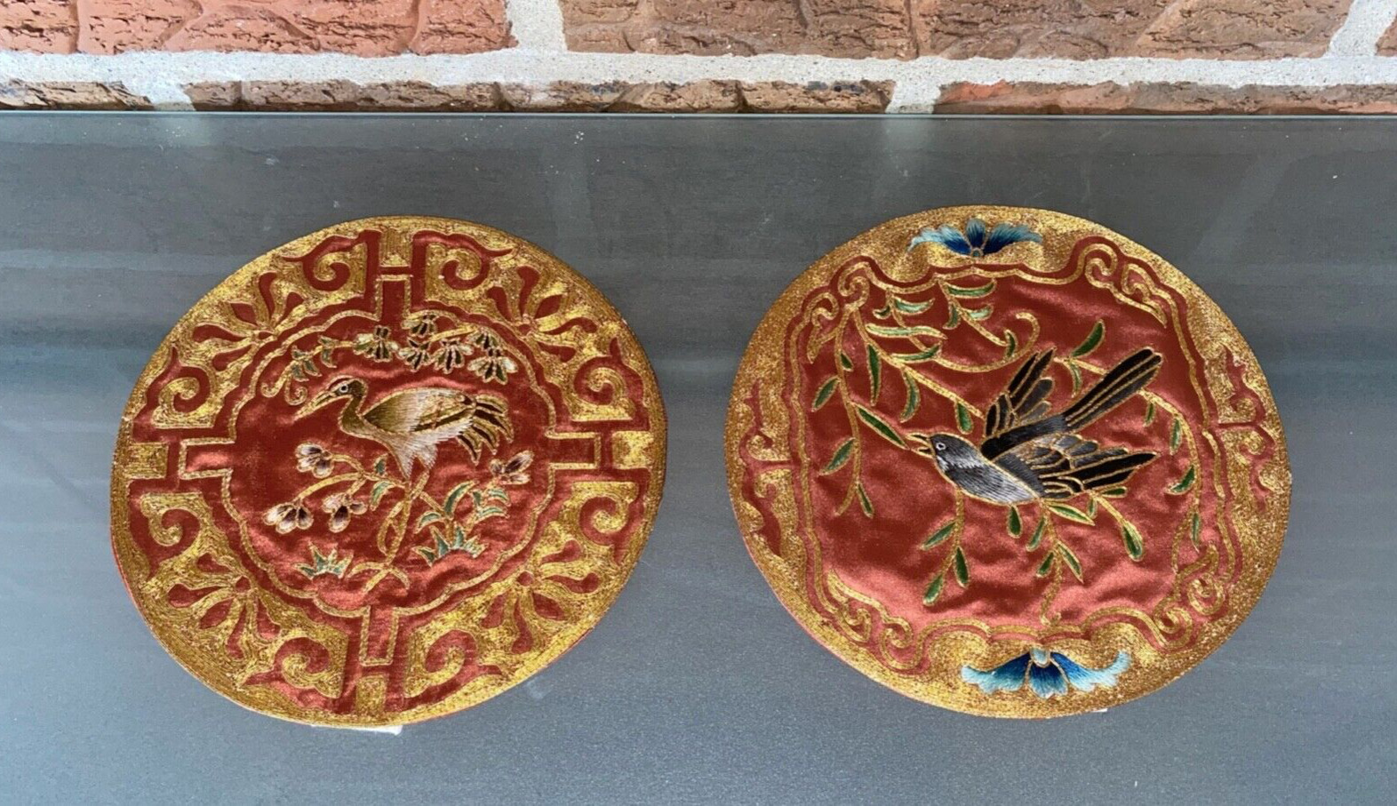 Antique Vintage Chinese Gold Thread Embroidered Silk Oval Panel Bird Flowers Set