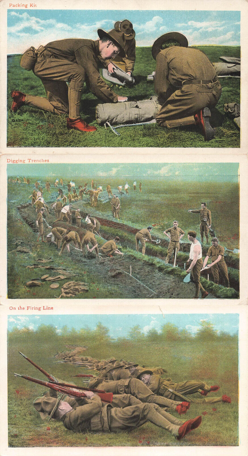 LOT OF 3 WWI US ARMY POSTCARDS PACK KIT DIG TRENCH ON FIRING LINE c1918 110923 S