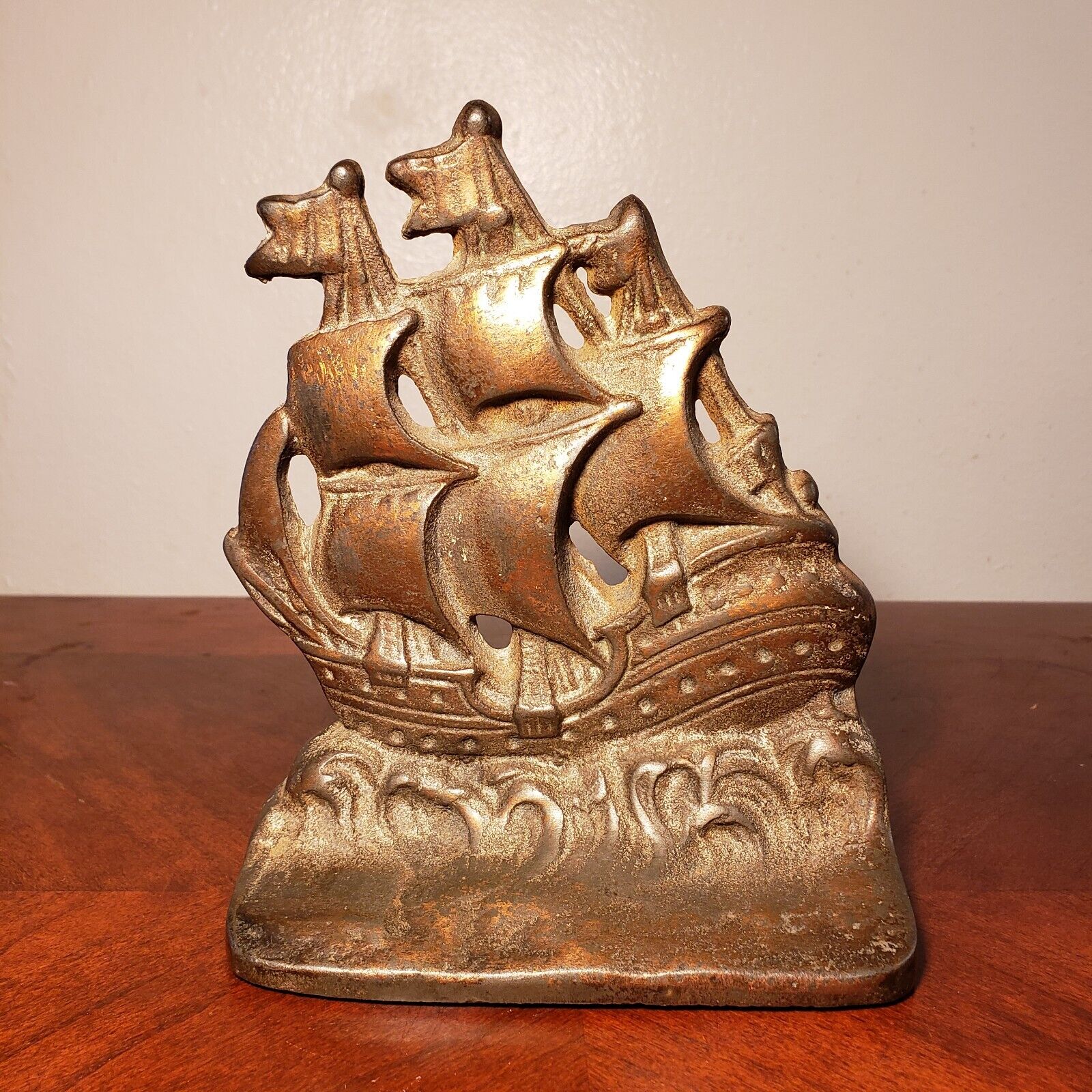 Antique Heavy Cast Iron Copper Washed Sailing Ship Bookend Marked 124
