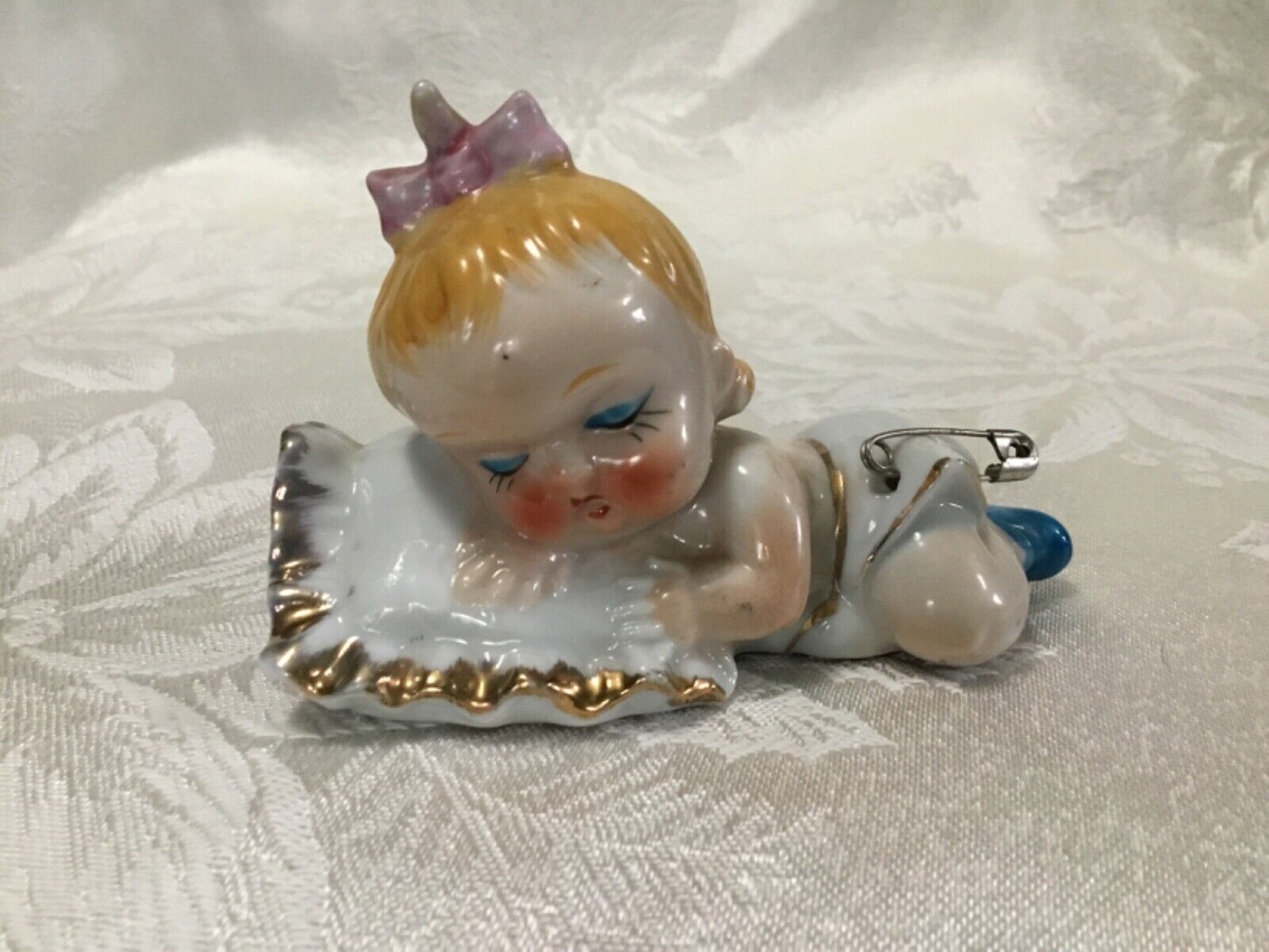 Vntg Porcelain Girl Baby Sleeping On Pillow Safety Pin Diaper Figurine Japan