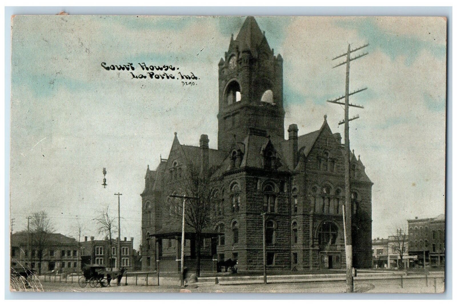 1909 Court House Building Tower Horse Carriage View La Porte IN Posted Postcard