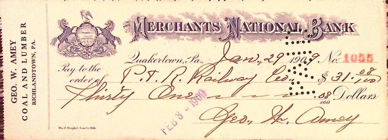The Merchants National Bank Quakertown PA to P&R Railway Co Bank Check