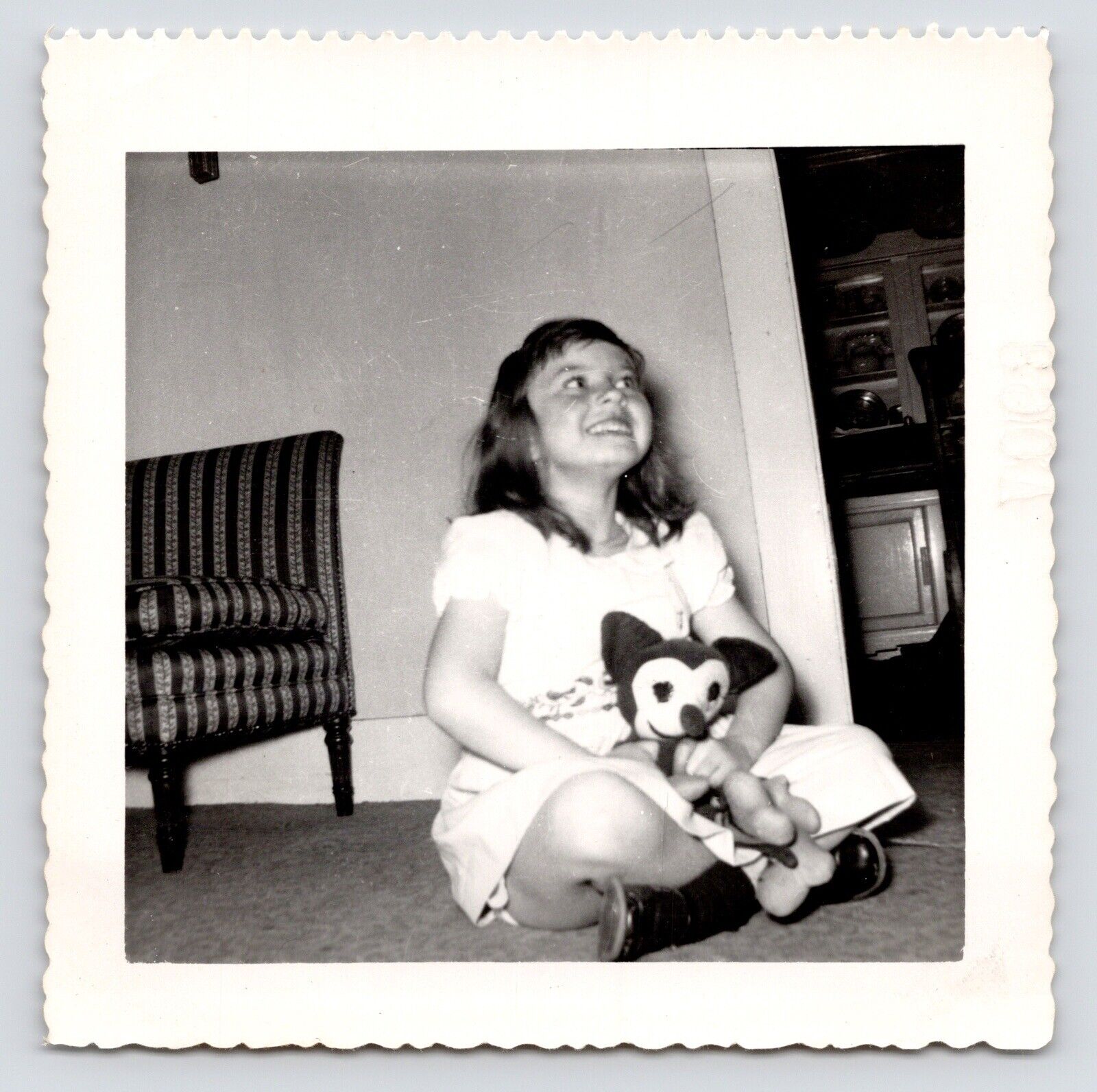 c1950s Girl & Homemade Micky Mouse~Steamboat Willie Toy~VTG Original Photo