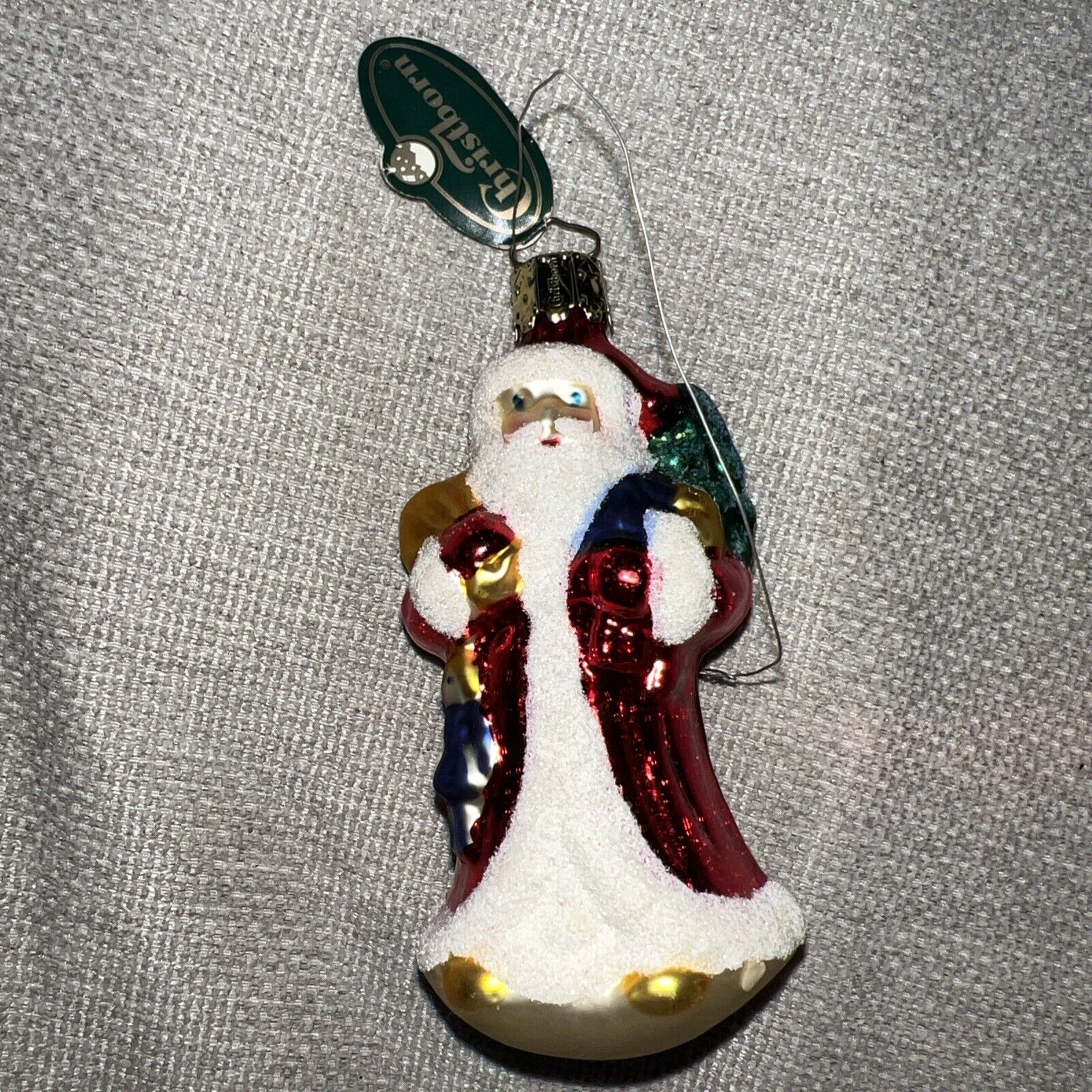 Vintage Blown Glass Christmas Ornament Santa St Nick w Sack & Tree Germany