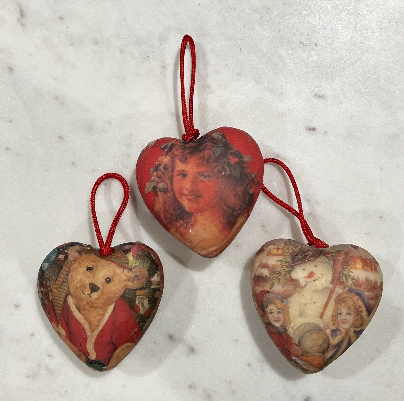 Vintage Paper Mache Puffed Heart Christmas Decoupage Ornaments 2”