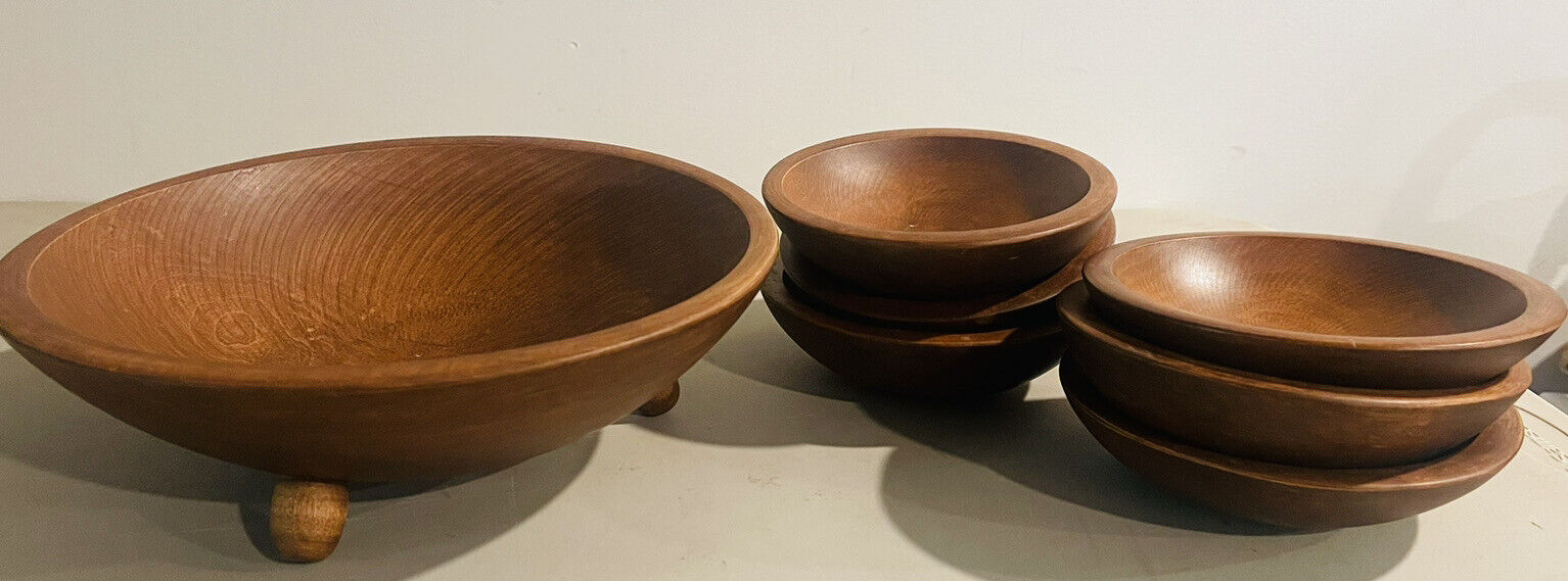 VTG Woodcroftery Wooden Salad Bowl Set~1 Large Footed Bowl & 6 Small Bowls.