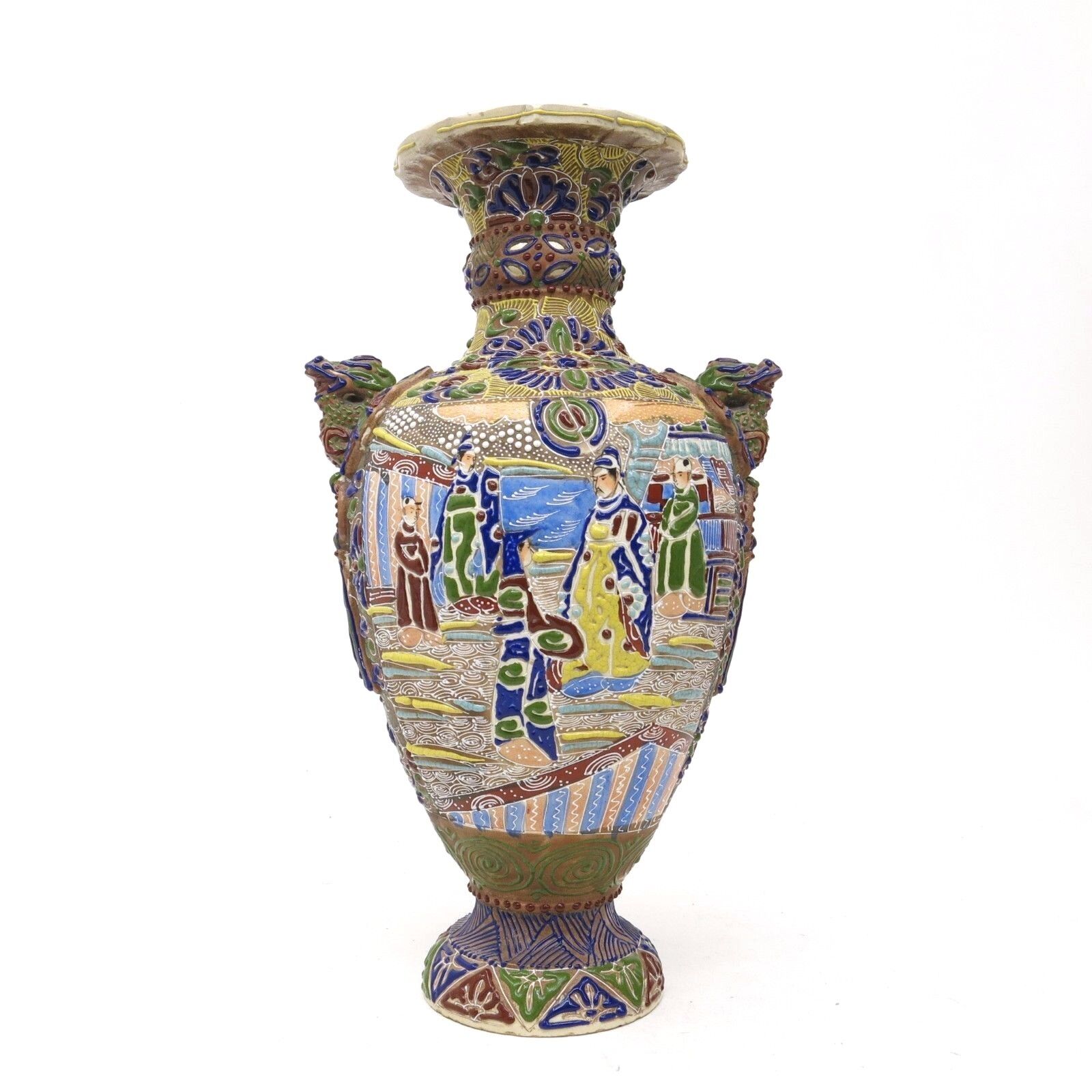  Antique Japan Meiji Satsuma Moriage Pottery Scenic Immortal Dragon Vase Signed