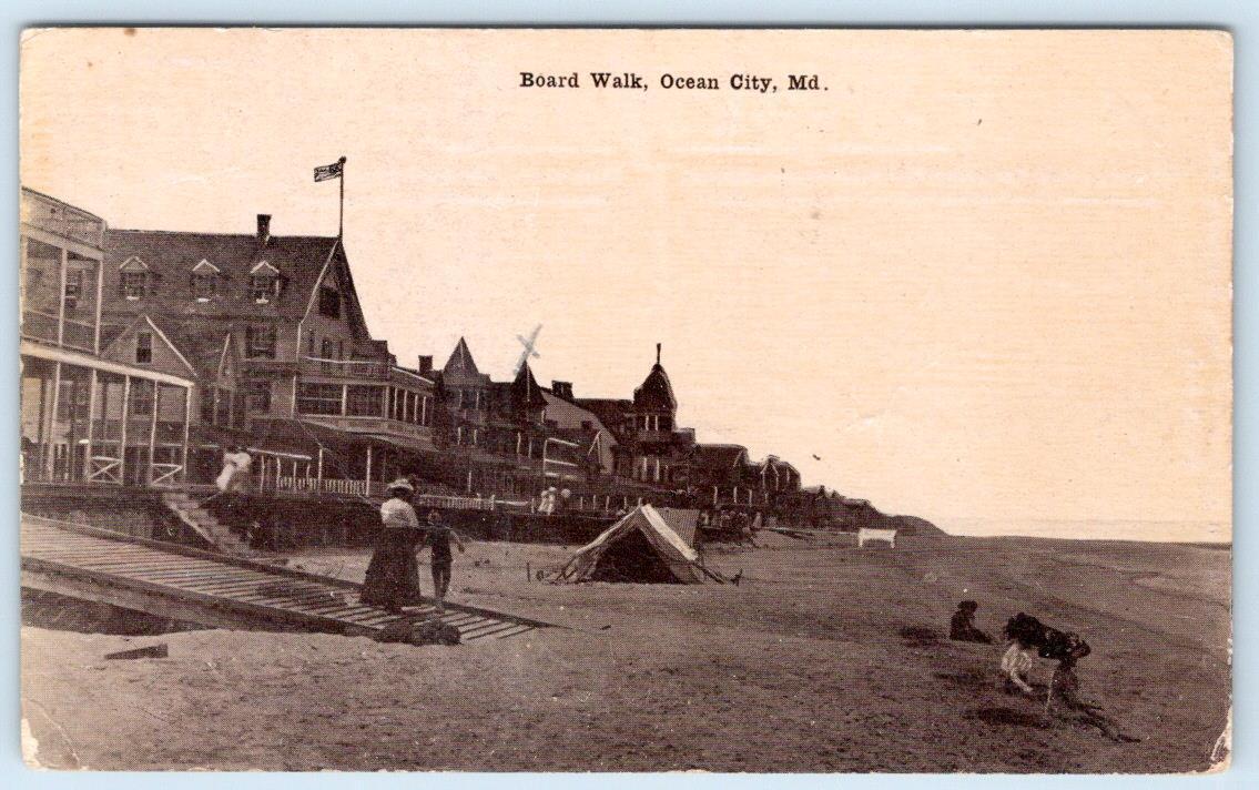 1911 OCEAN CITY MARYLAND MD BOARDWALK TENTS ON BEACH HOTELS OCEANFRONT POSTCARD