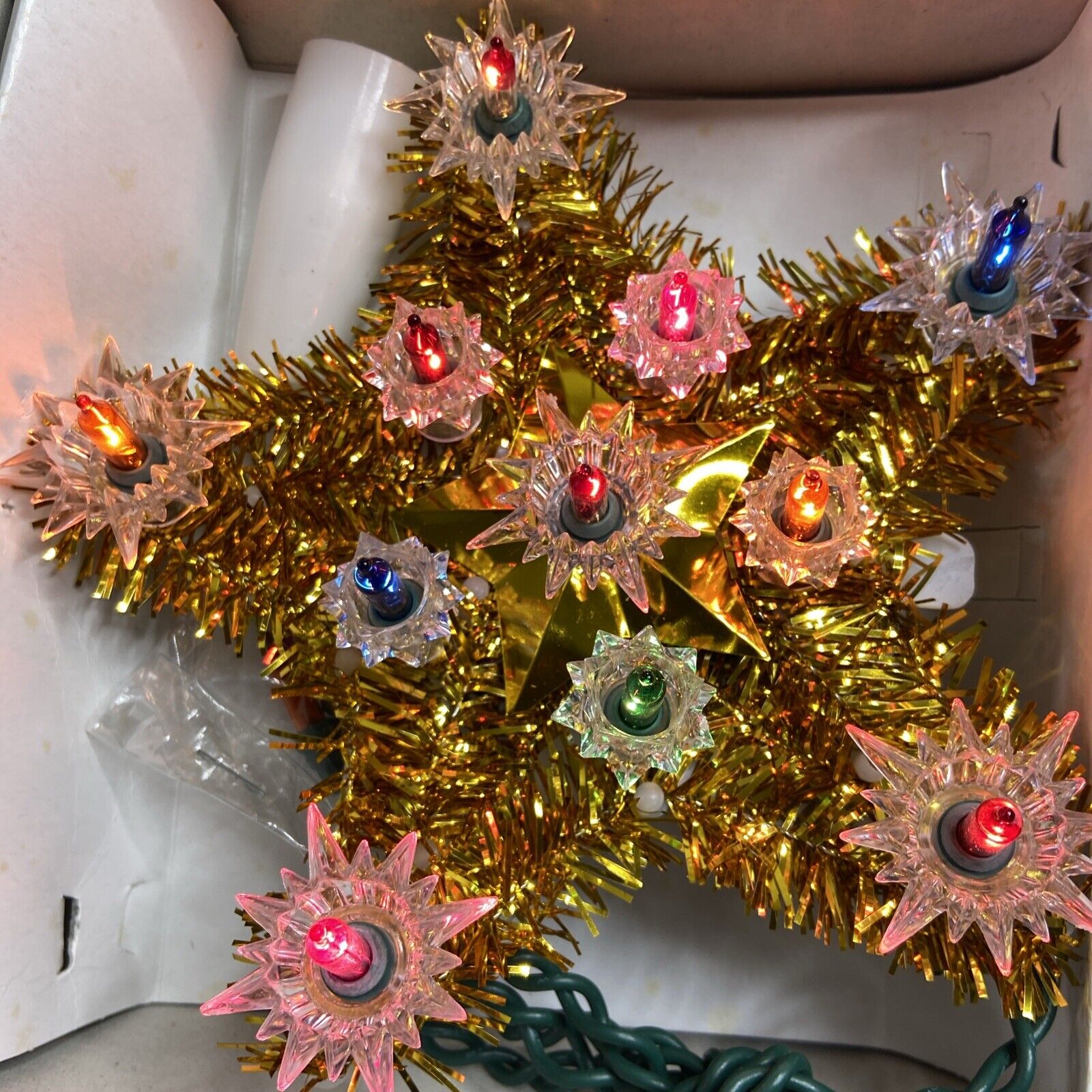 Holiday Time Christmas Tree Topper Multi Color 11 Light  Gold Tinsel Star 6” NIB