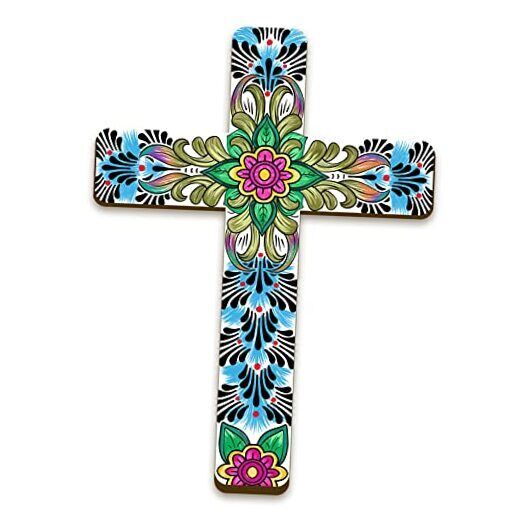 Floral Cross Wall Decor Hand Painted Decorative Inspirational Wooden Cute Style