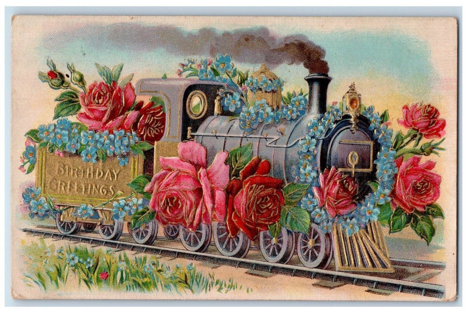 1909 Birthday Greetings Railroad Train Flowers Embossed Posted Antique Postcard