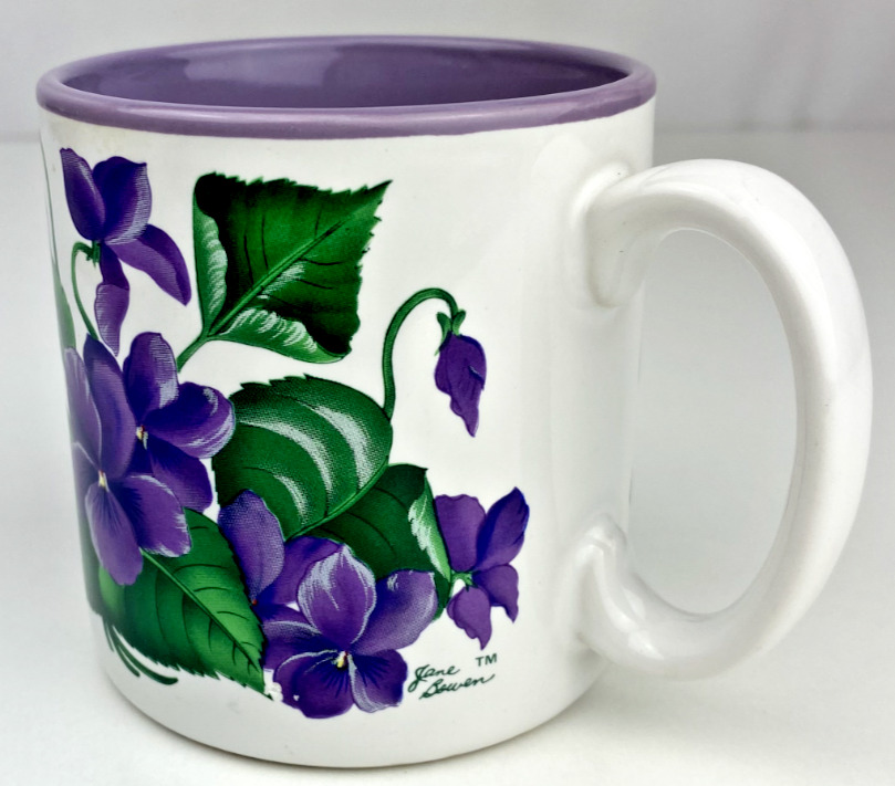 Vintage Jane Bowen Coffee Mug Violets Flowers 1991 10 oz Grandmacore Mothers Day